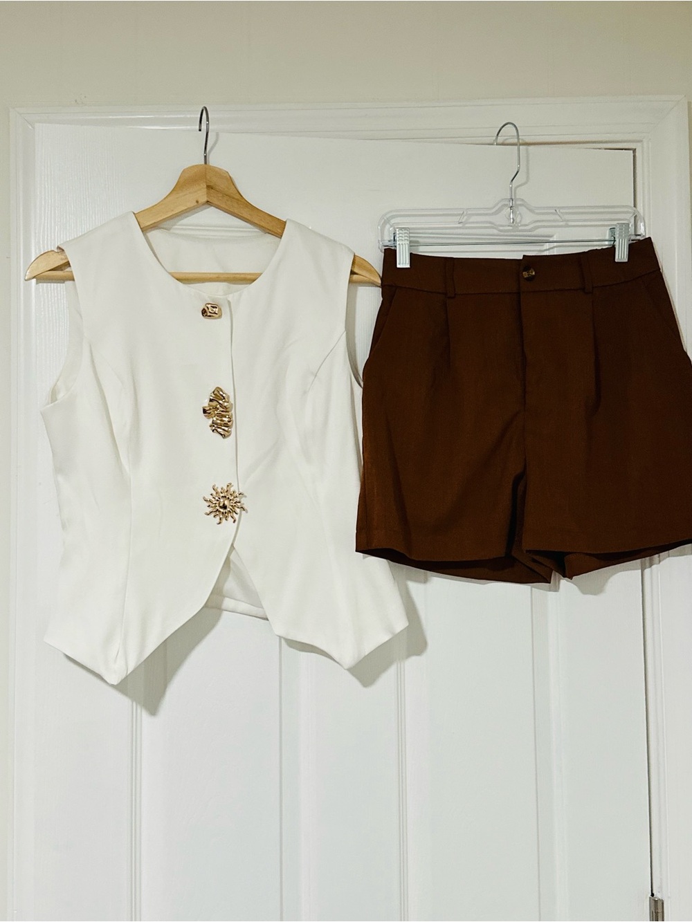 Ivory Sleeveless Vest with Gold Leaf Buttons & Chocolate Brown Shorts